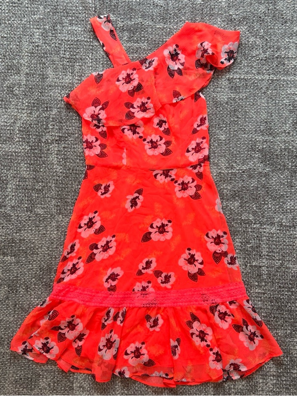 Express Girls One-Shoulder Floral Ruffle Dress in Coral Red with Pink Flowers